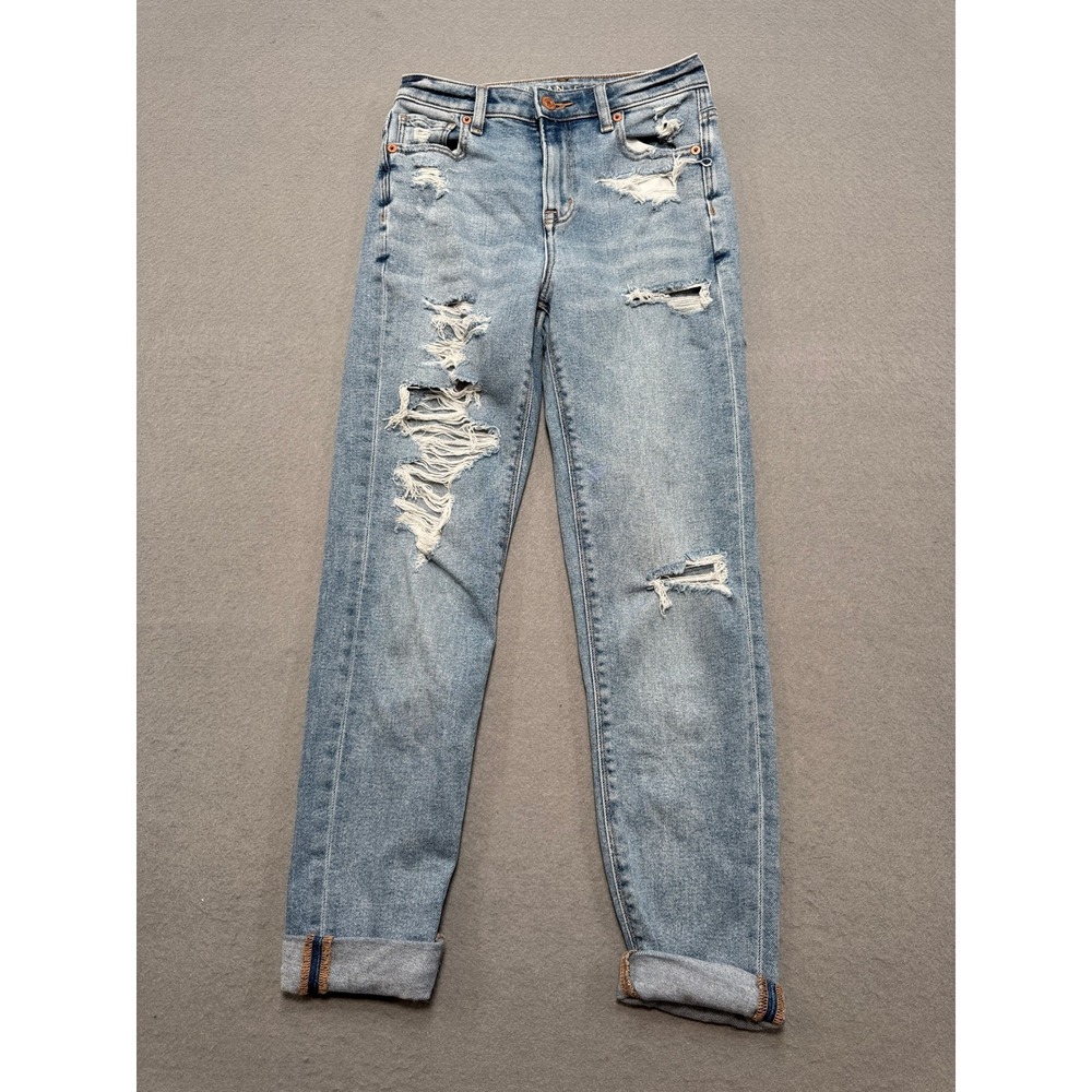 American Eagle Mom Jeans Women's 000 Blue Light Wash Straight Leg Distressed Y2K